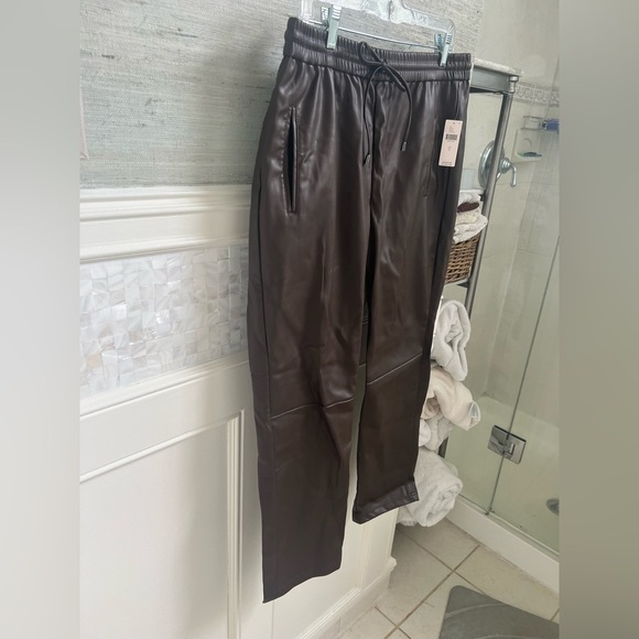 NWT new large Anthropologie sakara faux vegan leather jogger pants cocoa brown - Picture 9 of 17
